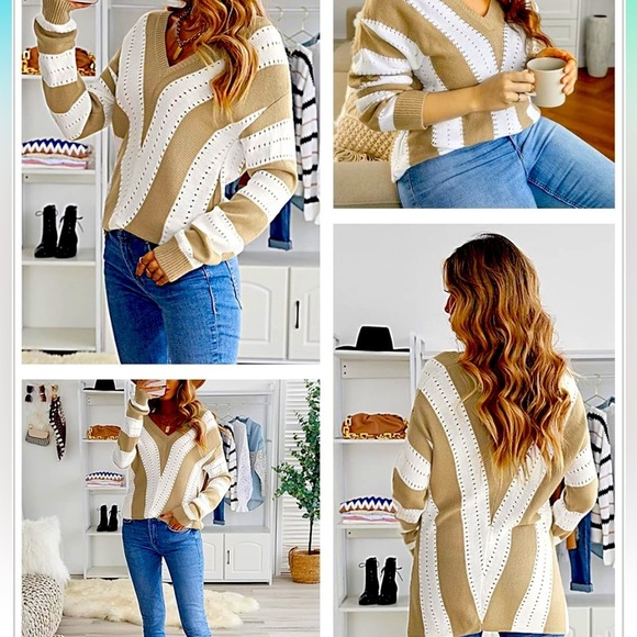 Stylish V-Neck Tan and White Sweater, NWOT, size large - Picture 3 of 7